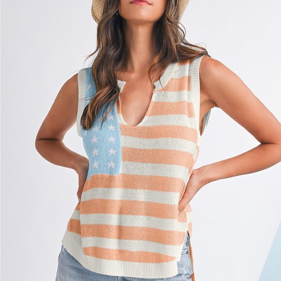 B270 Beige USA Flag Notched Neckline Loose Knit Vest - Picture 1 of 15